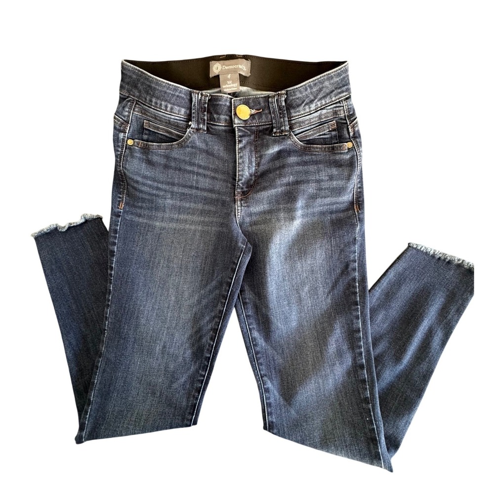 Democracy Ab Solution Skinny Jeans Dark Wash Raw Fray Hem Slit Size 4 Womens